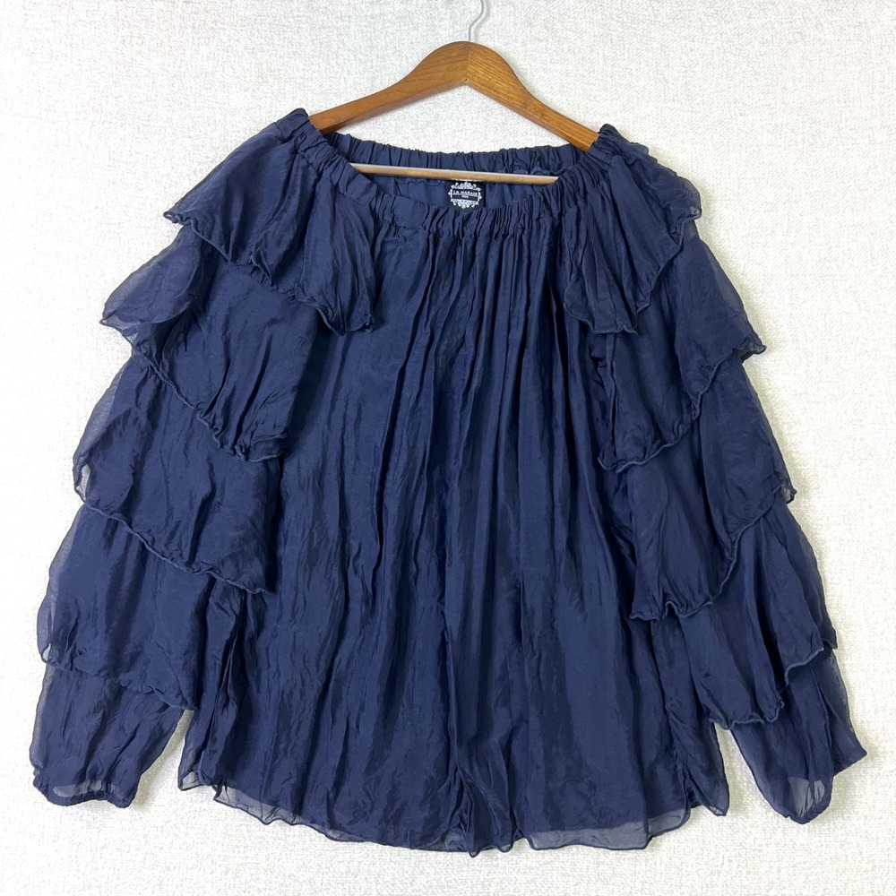 Le‎ Marais Paris 100% Silk Ruffle Tiered Sleeve Romantic Blue Cottagecore Top M